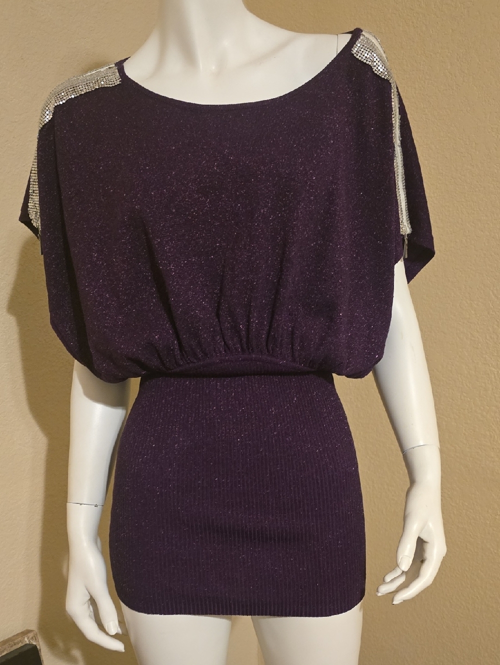 Women's Purple Glitter Knit Blouse with Embellished Shoulders SZ SP